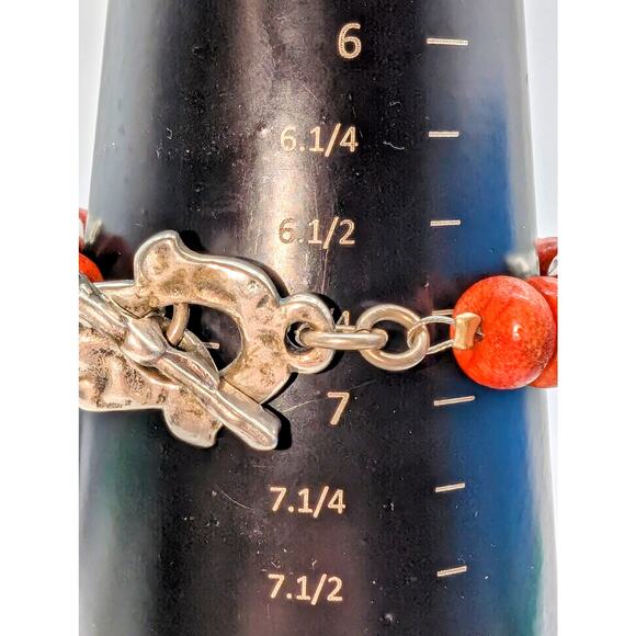 VTG DANON Made in Israel Signed Coral Silver Plated Beaded Toggle Clasp Bracelet - Picture 6 of 6